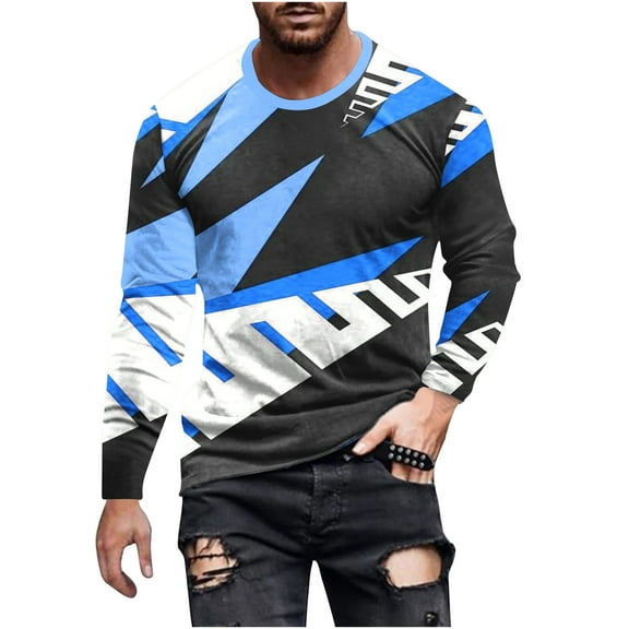 DeHolifer Sweatshirts for Men Graphic Geometric Printed Crewneck Long Sleeve Pullover T-Shirt Fall Fashion Pullover Tops Blue S