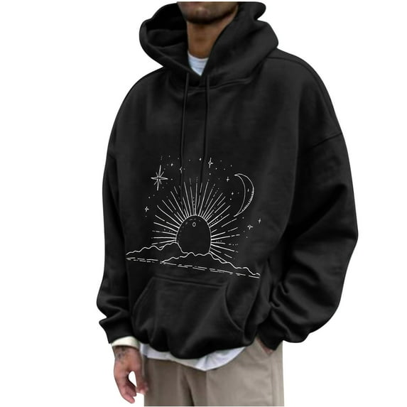 DeHolifer Sweatshirts for Men Plus Size Sun and Moon Graphic Print Long Sleeve Drawstring Hoodies Sweatshirts Fall Winter Fashion Outfits Black XL