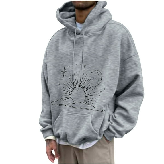 DeHolifer Sweatshirts for Men Plus Size Sun and Moon Graphic Print Long Sleeve Drawstring Hoodies Sweatshirts Fall Winter Fashion Outfits Gray 3XL