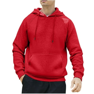 DeHolifer Sweatshirts for Men Solid Color Drawstring Pockets Hoodies Sweatshirts Long Sleeve Pullover Tops Red 2XL