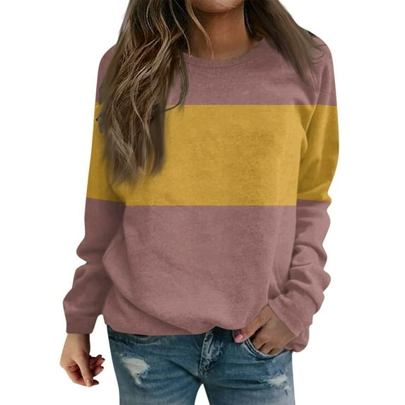 DeHolifer Sweatshirts for Women Color Block Long Sleeve Crewneck Sweatshirts Tops Loose Casual Pullover Tops Yellow L