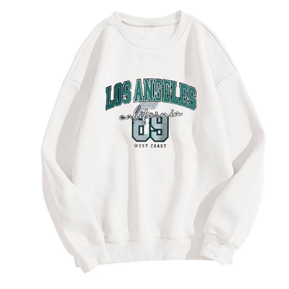 DeHolifer Sweatshirts for Women Crewneck Long Sleeve Los Angeles Letter Print Loose Comfy Casual Pullover Tops White L