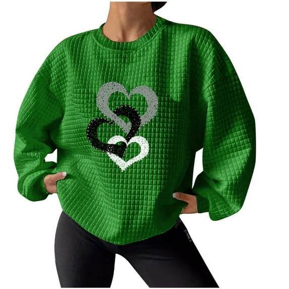 DeHolifer Sweatshirts for Women Heart Graphic Print Crewneck Long Sleeve Oversized Sweatshirts Waffle Pullover Tops Green XL