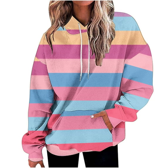 QQAMB Sweatshirts for Women Oversized Drawstring Long Sleeve Strip Print Loose Hoodies Sweatshirts with Pockets Pink 2XL