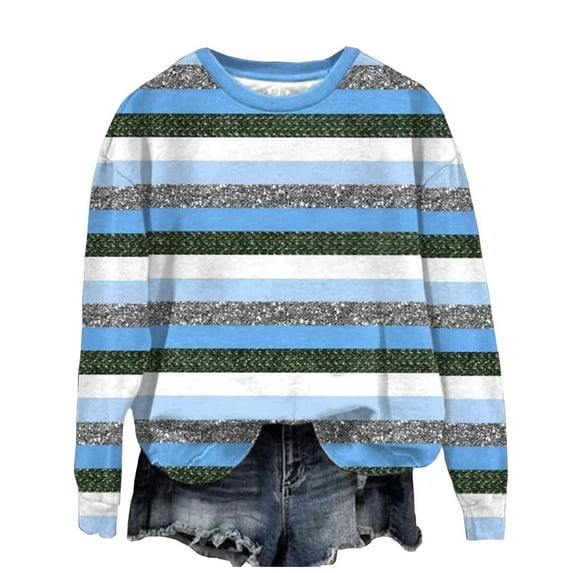 DeHolifer Sweatshirts for Women Plus Size Strip Print Crewneck Long Sleeve Loose Pullover Tops Fall Fashion Sweatshirts Blue 2XL