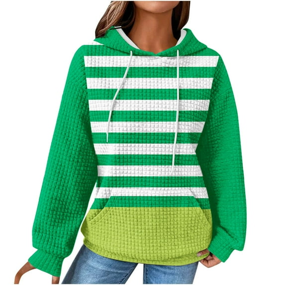 DeHolifer Sweatshirts for Women Waffle Drawstring Strip Print Long Sleeve Hoodies Sweatshirts with Pocket Green 2XL