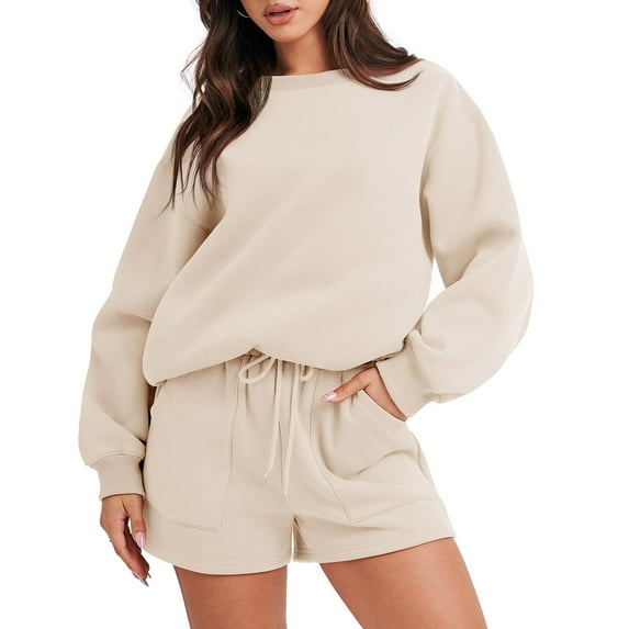 DeHolifer Sweatsuit for Women-2 Piece Outfits Fashion Oversized Sweatshirt & Lounge Shorts 2023 Casual Round-Neck Long Sleeve Tops Cozy Pajamas Tacksuit Set Khaki XXL