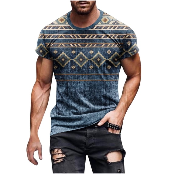 DeHolifer T Shirt for Men Ethnic Style Retro Print Crewneck Short Sleeve T Shirt Loose Casual Tee Tops Blue M