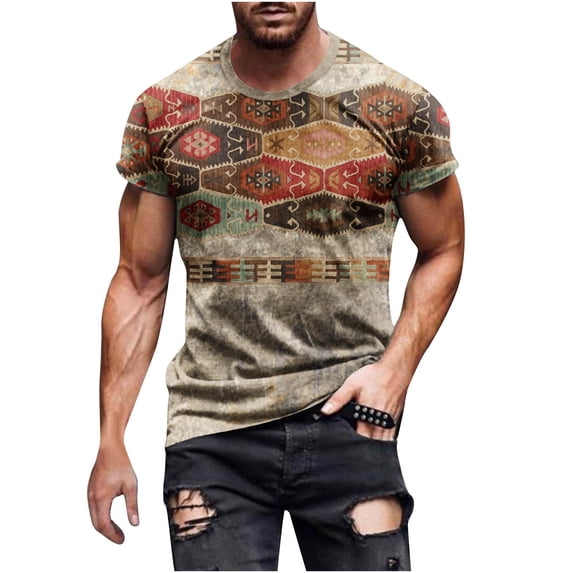 QQAMB T Shirt for Men Ethnic Style Retro Print Crewneck Short Sleeve T Shirt Loose Casual Tee Tops Khaki XL