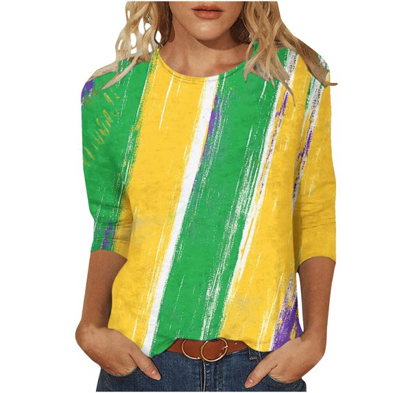 DeHolifer T-Shirt for Women 3/4 Sleeve Mardi Gras Blouse Carnival Graphic Print Tunic Theme Party Crewneck Tee Tops Green 2XL