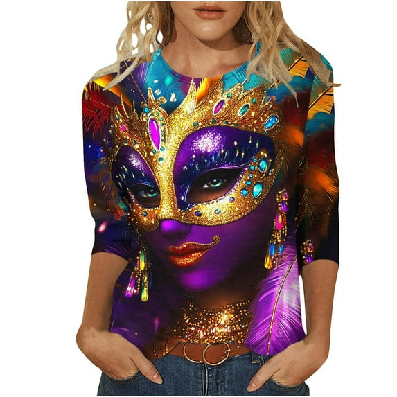 DeHolifer T-Shirt for Women 3/4 Sleeve Mardi Gras Blouse Carnival Graphic Print Tunic Theme Party Crewneck Tee Tops Green 2XL
