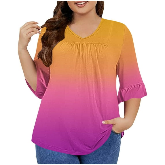 DeHolifer T Shirt for Women 3/4 Sleeve Ruffle Sleeve Gradient Color V-Neck Loose T Shirt Casual Fashion Blouse Watermelon Red XL