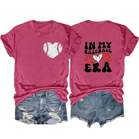 DeHolifer T Shirt for Women Baseball Mom Letter Printed Short Sleeve Casual Loose Tee Tops Crewneck Summer Fashion T Shirt Hot Pink L
