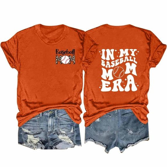 DeHolifer T Shirt for Women Baseball Mom Letter Printed Short Sleeve Casual Loose Tee Tops Crewneck Summer Fashion T Shirt Orange 2XL