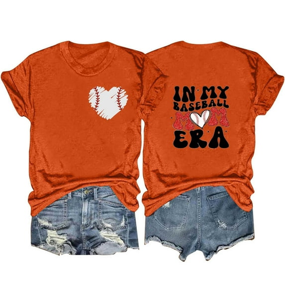 DeHolifer T Shirt for Women Baseball Mom Letter Printed Short Sleeve Casual Loose Tee Tops Crewneck Summer Fashion T Shirt Orange 2XL