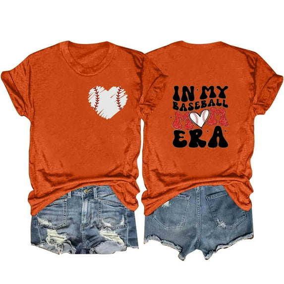DeHolifer T Shirt for Women Baseball Mom Letter Printed Short Sleeve Casual Loose Tee Tops Crewneck Summer Fashion T Shirt Orange S
