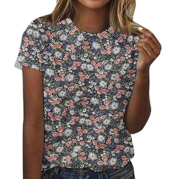 DeHolifer T Shirt for Women Crewneck Floral Print Short Sleeve Summer Casual Tee Tops Ladies Dressy T Shirt Black 2XL