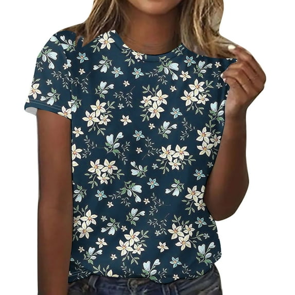 DeHolifer T Shirt for Women Crewneck Floral Print Short Sleeve Summer Casual Tee Tops Ladies Dressy T Shirt Blue L