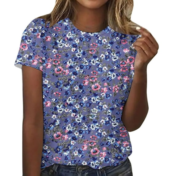 DeHolifer T Shirt for Women Crewneck Floral Print Short Sleeve Summer Casual Tee Tops Ladies Dressy T Shirt Purple L