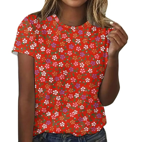 DeHolifer T Shirt for Women Crewneck Floral Print Short Sleeve Summer Casual Tee Tops Ladies Dressy T Shirt Red 2XL