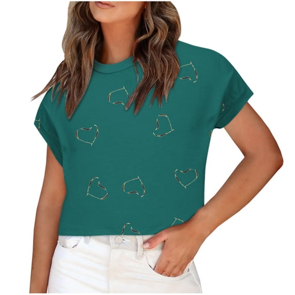 DeHolifer T Shirt for Women Crewneck Heart Printed Casual Short Sleeve Tee Tops Summer Fashion T Shirt Green XL