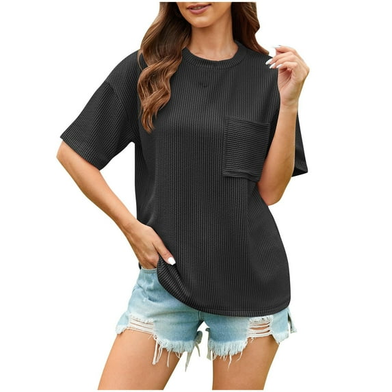 DeHolifer T Shirt for Women Crewneck Solid Color Short Sleeve Loose Casual T Shirt with Pocket Dark Gray S