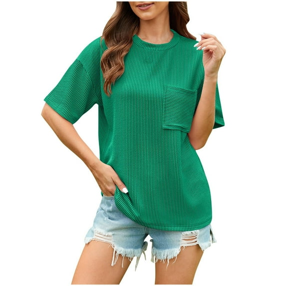 DeHolifer T Shirt for Women Crewneck Solid Color Short Sleeve Loose Casual T Shirt with Pocket Green L