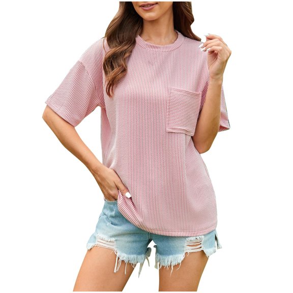 DeHolifer T Shirt for Women Crewneck Solid Color Short Sleeve Loose Casual T Shirt with Pocket Pink XL