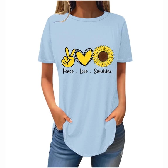 DeHolifer T Shirt for Women Crewneck Summer Sunflower Print Short Slleve Tee Tops Loose Casual T Shirt Light Blue S