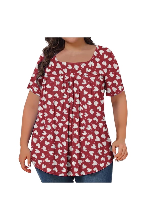 T Shirt for Women Loose Square Neck Short Sleeve Floral Print T Shirt Plus Size Blouse Red 4XL