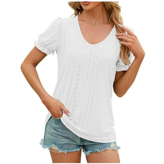 DeHolifer T Shirt for Women Short Sleeve V-Neck Button Solid Color Casual T Shirt Loose Fashion Blouse Tops White L