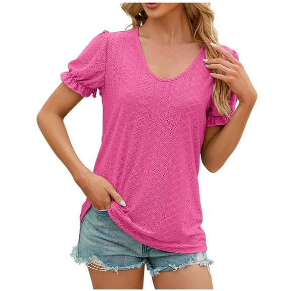 DeHolifer T Shirt for Women Short Sleeve V-Neck Solid Color Button Casual T Shirt Loose Fashion Blouse Tops Hot Pink L