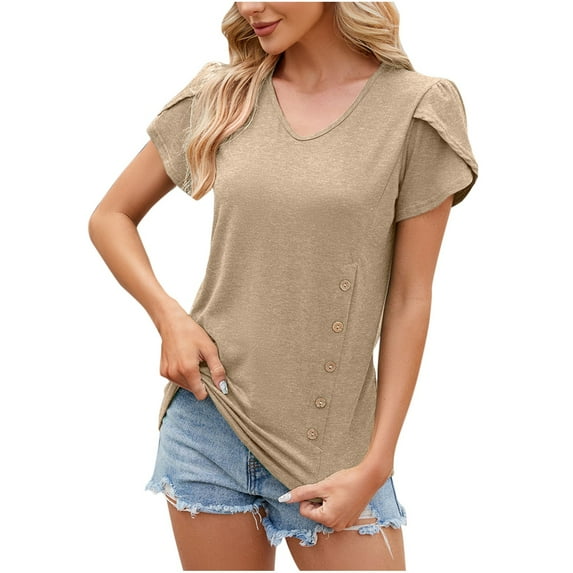 DeHolifer T Shirt for Women Short Sleeve V-Neck Solid Color Casual T Shirt Loose Fashion Blouse Tops Khaki M