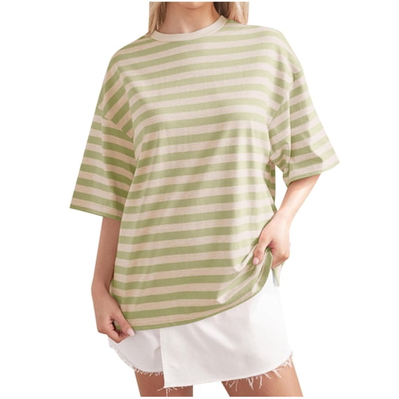 DeHolifer T Shirt for Women Strip Printed Loose Casual Crewneck Short Sleeve Tee T Shirt Summer Fashion Blouse Tops Army Green 2XL