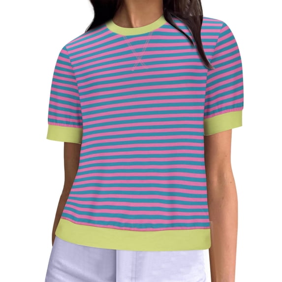 QQAMB T Shirt for Women Strip Printed Loose Casual Crewneck Short Sleeve Tee T Shirt Summer Fashion Blouse Tops Blue 2XL