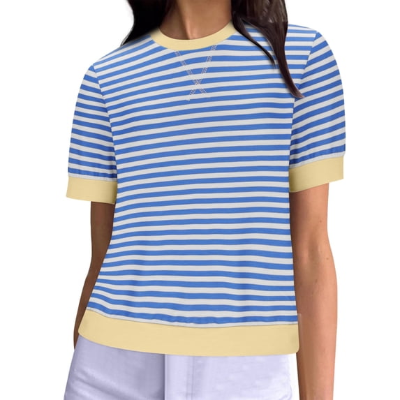 QQAMB T Shirt for Women Strip Printed Loose Casual Crewneck Short Sleeve Tee T Shirt Summer Fashion Blouse Tops Sky Blue L