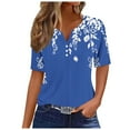 thumbnail image 1 of QQAMB T Shirt for Women V-Neck Button Floral Printed Dressy Short Sleeve T Shirt Summer Casual Fashion Blouse Blue S, 1 of 4