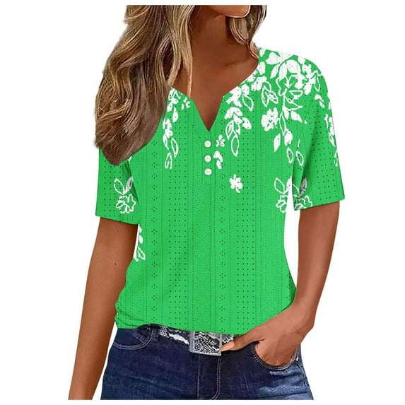 QQAMB T Shirt for Women V-Neck Button Floral Printed Dressy Short Sleeve T Shirt Summer Casual Fashion Blouse Green S