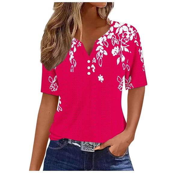 DeHolifer T Shirt for Women V-Neck Button Floral Printed Dressy Short Sleeve T Shirt Summer Casual Fashion Blouse Hot Pink L