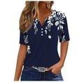 thumbnail image 1 of QQAMB T Shirt for Women V-Neck Button Floral Printed Dressy Short Sleeve T Shirt Summer Casual Fashion Blouse Navy 2XL, 1 of 4