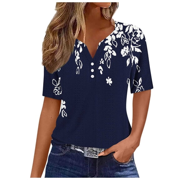QQAMB T Shirt for Women V-Neck Button Floral Printed Dressy Short Sleeve T Shirt Summer Casual Fashion Blouse Navy 2XL