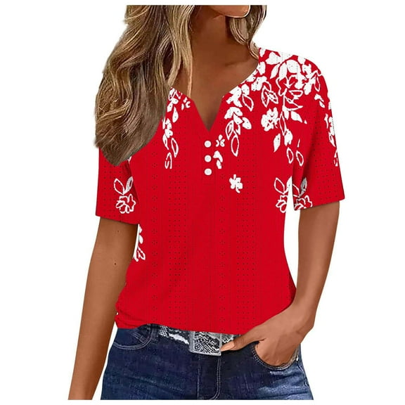 DeHolifer T Shirt for Women V-Neck Button Floral Printed Dressy Short Sleeve T Shirt Summer Casual Fashion Blouse Red XL