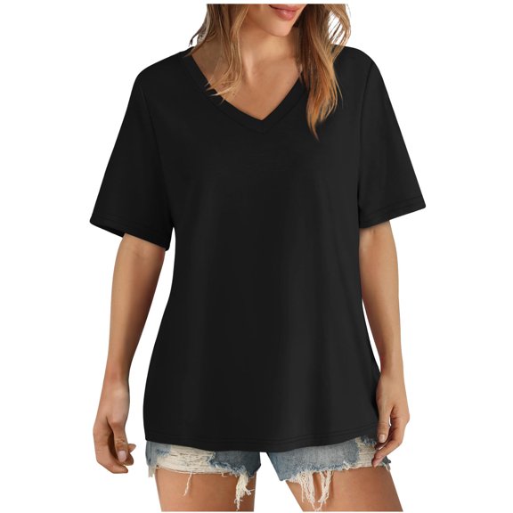 DeHolifer T Shirt for Women V-Neck Short Sleeve Solid Color Cute T Shirt Summer Casual Tee Tops Black L