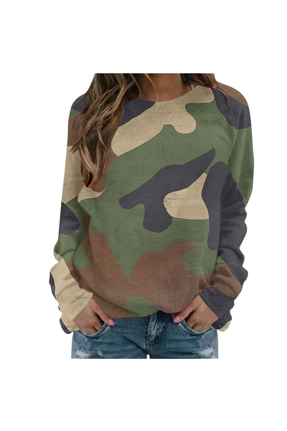 DeHolifer T-Shirts for Camouflage 3/4 Sleeve Crewneck T-Shirts Tunic Tops 2024 Fall Fashion Blouse Army Green XL