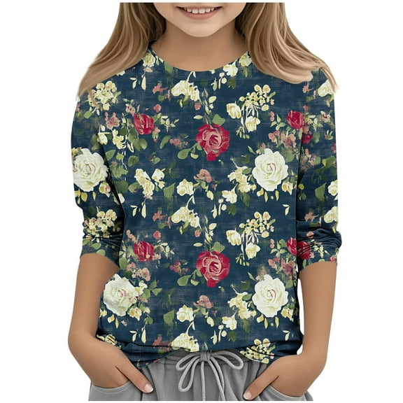 DeHolifer T-Shirts for Girl Floral Printed Crewneck Short Sleeve Casual Summer Lightweight Dressy Kids Shirts 3-12 Years