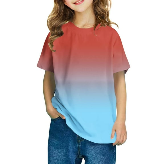 DeHolifer T-Shirts for Kids Gradient Color Casual Summer Crewneck Tee Tops Lightweight Loose Short Sleeve Boys Girls T-Shirts ,7 Years