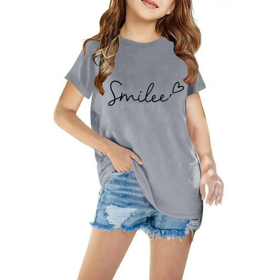 DeHolifer T-Shirts for Kids Smilee Letter Printed Summer Trendy Crewneck Tee Tops Short Sleeve Girl Boys Blouse