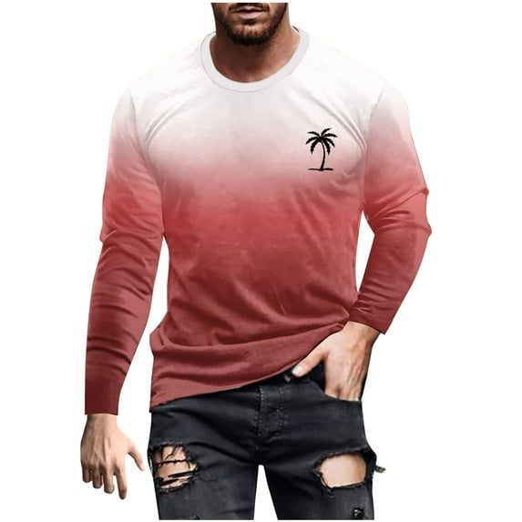 DeHolifer T-Shirts for Men Palm Graphic Print Crewneck Long Sleeve Loose Casual T-Shirts Fall Fashion Blouse Watermelon Red 3XL