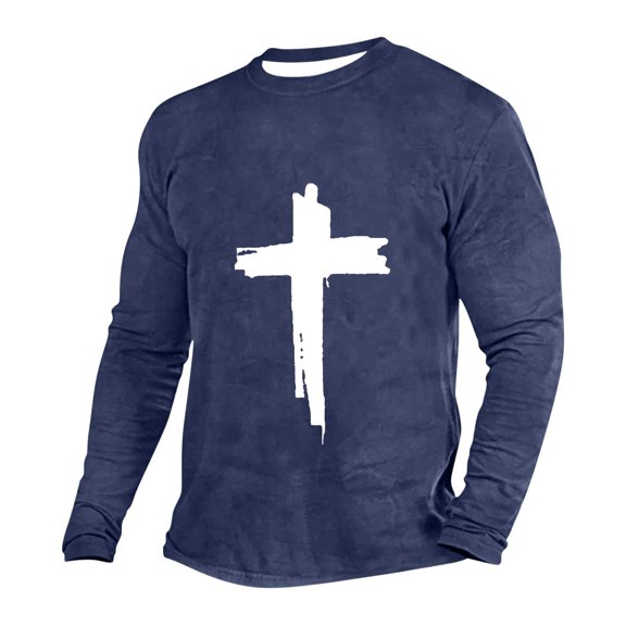 QQAMB T-Shirts for Men Plus Size Gradient Color Cross Printed Lightweight Casual Crewneck Loose Long Sleeve Tee T-Shirts Dark Blue XL