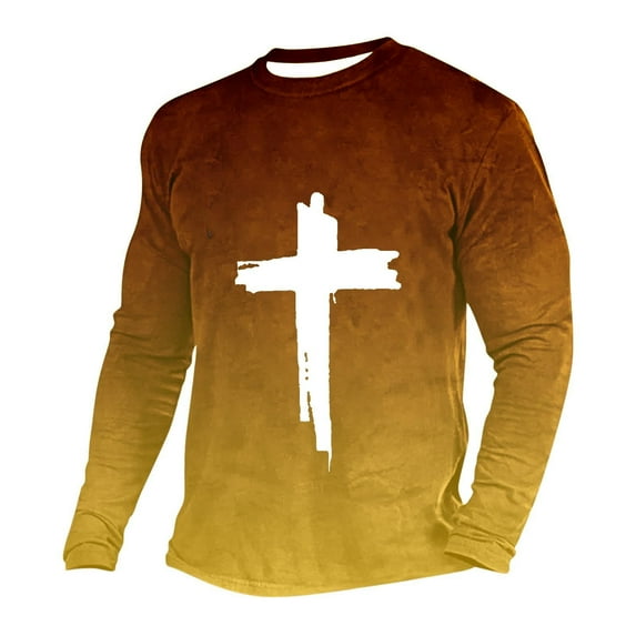 QQAMB T-Shirts for Men Plus Size Gradient Color Cross Printed Lightweight Casual Crewneck Loose Long Sleeve Tee T-Shirts Gold XL